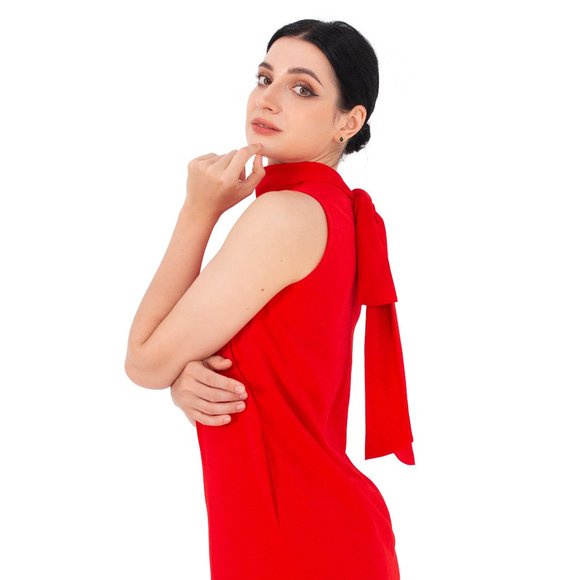 ALANTINO TIE NECK MAXI DRESS WITH SIDE POCKET-RED - Picture 10 of 10